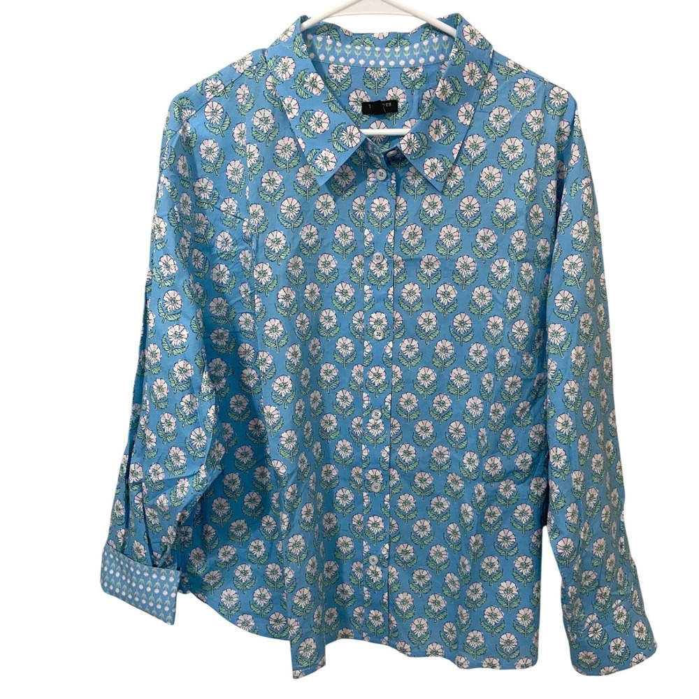 Talbots Womens 2X Blue Pink Floral Block Print Cotton Button Down Shirt
